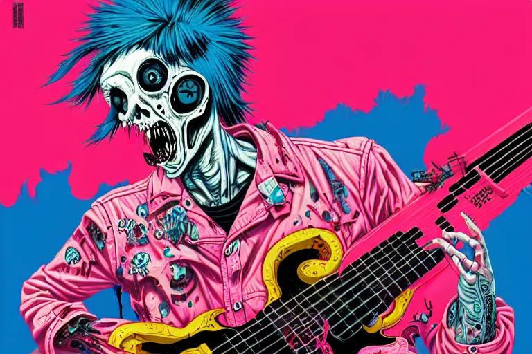 Prompt: a zombie 1 9 8 0 s punk playing guitar, tristan eaton, victo ngai, artgerm, rhads, ross draws