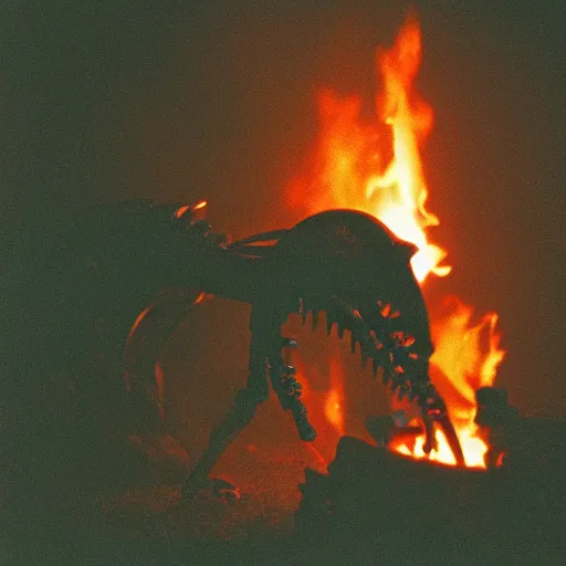 Image similar to cinestill of a xenomorph backlit by a bonfire at night