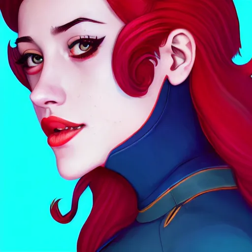 Image similar to a portrait of Lili Reinhart Batgirl comics, red hair, art by lois van baarle and loish and ross tran and rossdraws and sam yang and samdoesarts and artgerm, digital art, highly detailed, intricate, sharp focus, Trending on Artstation HQ, deviantart, unreal engine 5, 4K UHD image