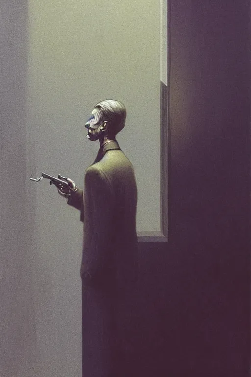 Image similar to Security guard watch monitor screens while smoking a cigarette, highly detailed, soft lighting, elegant, Wayne Barlowe, Edward Hopper and James Gilleard, Zdzislaw Beksinski, Steven Outram, highly detailed