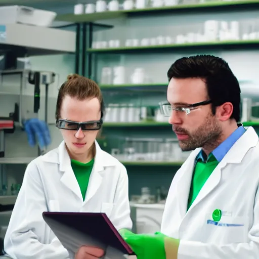 Image similar to two scientists wearing green lab coats studying in a laboratory, 4k, photorealistic
