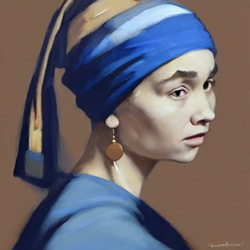 Prompt: greg manchess portrait painting of the boy with the pearl earring with the face of emilia clarke, medium shot, asymmetrical, profile picture, organic painting, sunny day, matte painting, bold shapes, hard edges, street art, trending on artstation, by huang guangjian and gil elvgren and gerald brom