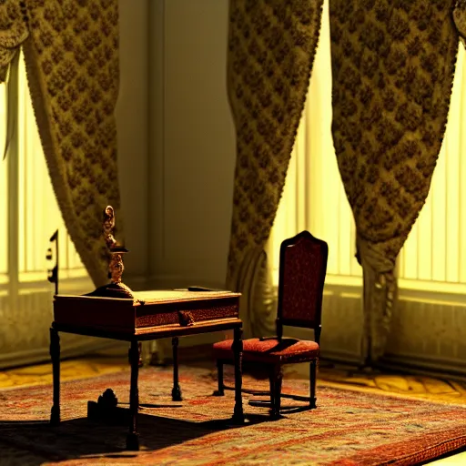 Image similar to An extremely detailed render of a mummy sitting at a Louis XIV desk, with very old curtains in the room. The desk has a 1880 phone on it. Dusty air, god rays, raytracing shadows, ambient occlusion, 8K, RTX 3090, trending on artstation, lumens