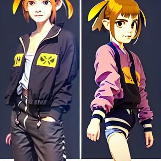 Image similar to beautiful boyish emma watson in majora's mask, wearing oversized mayan bomber jacket with overalls and leotard, bulky poofy bomber jacket with mayan patterns, aztec street fashion, gapmoe yandere grimdark, trending on pixiv fanbox, painted by greg rutkowski makoto shinkai takashi takeuchi studio ghibli, akihiko yoshida