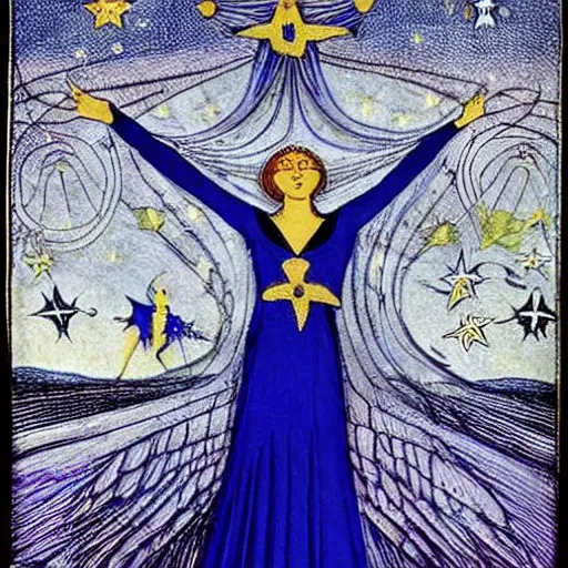 Prompt: melancholic medieval by paul laffoley, by jerry siegel. a computer art of a woman with wings made of stars, surrounded by a blue & white night sky. the woman is holding a staff in one hand, & a star in the other. she is wearing a billowing dress, & her hair is blowing in the wind.