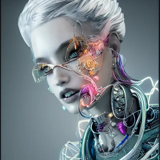 Image similar to the portrait of an absurdly beautiful, graceful, elegant, sophisticated, fashionable cyberpunk gravure idol, an ultrafine hyperdetailed illustration by kim jung gi, irakli nadar, intricate linework, bright colors, porcelain skin, mixed metals, unreal engine 5 highly rendered, global illumination, radiant light, detailed and intricate environment