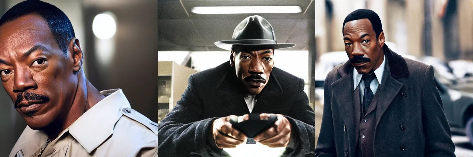 Prompt: close-up of Eddie Murphy as a detective in a movie directed by Christopher Nolan, movie still frame, promotional image, imax 70 mm footage