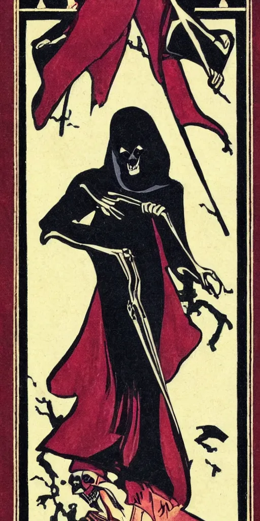 Prompt: an art deco illustration of the grim reaper on a tarot card with an elegant border