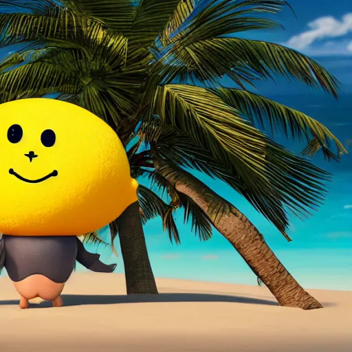 Image similar to a supercute cartoonnetwork lemon character, that is cute and good looking, it's is relaxing on a beach, dalle - 2 quality, octane render, 3 d, volumetric lightening,