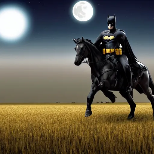 Prompt: Batman riding a horse in the field, with a full moon, at night, photo realistic