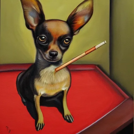 Image similar to a painting of a chihuahua smoking weed in an office