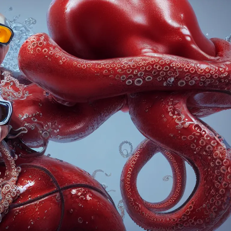 Image similar to octane render portrait by wayne barlow and carlo crivelli and glenn fabry, subject is a man in a wet suit with goggles on with giant long red detailed octopus tentacles coming out of his mouth, cinema 4 d, ray traced lighting, very short depth of field, bokeh