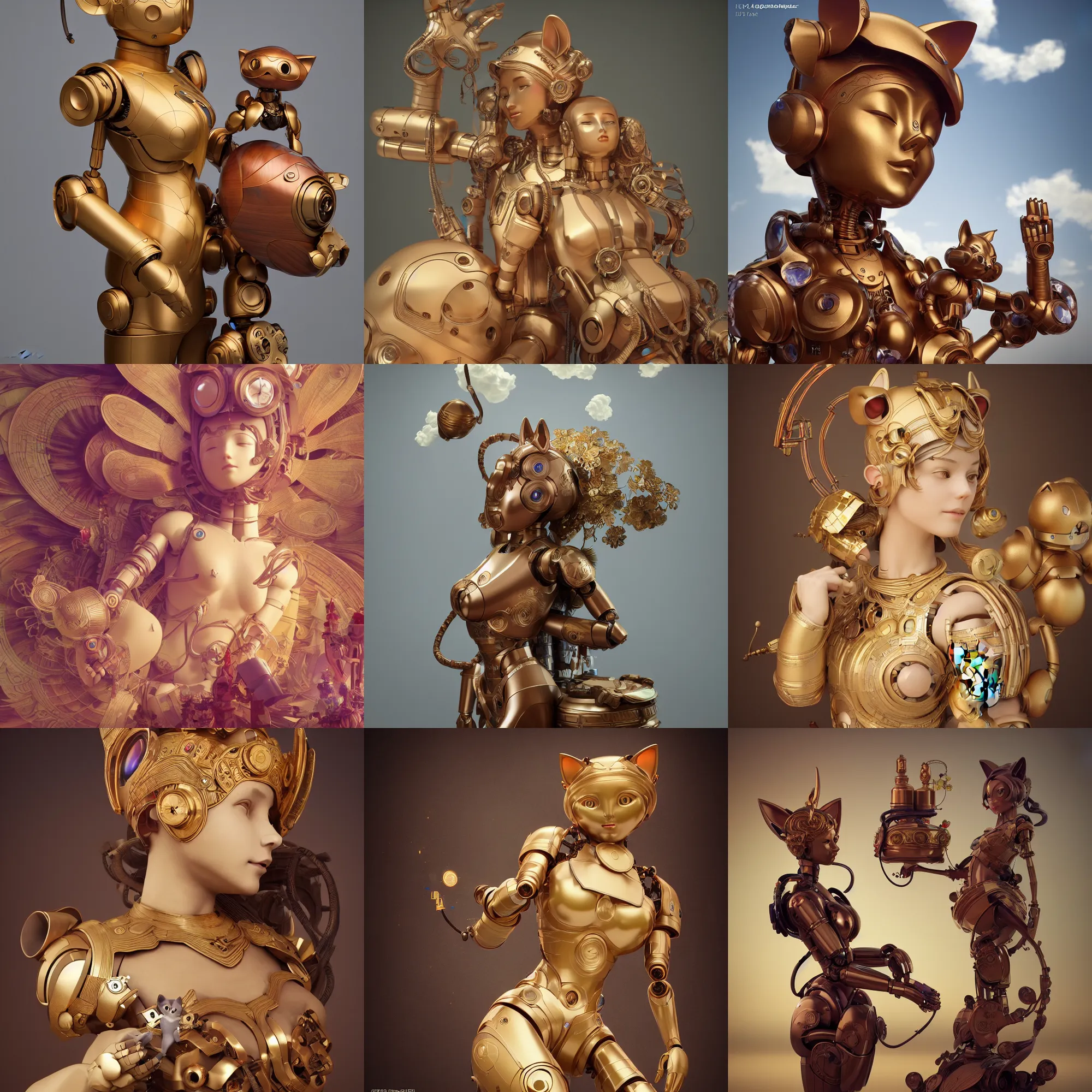 Prompt: 3 d octane render, ultra photorealistic, 8 k hyper detailed image, a beautiful wooden statue of a figurine of a robot with cat ears on a magic cloud, cgsociety, alphonse mucha