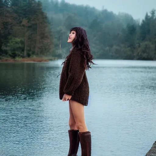 Image similar to real life photo of a beautiful girl, full body photoshoot, long black hair, brown eyes, full round face, short smile, brown sweater, lake setting, cinematic lightning, medium shot, mid - shot, highly detailed, trending on artstation, unreal engine 4 k, 8 0 mm, 8 5 mm, cinematic wallpaper