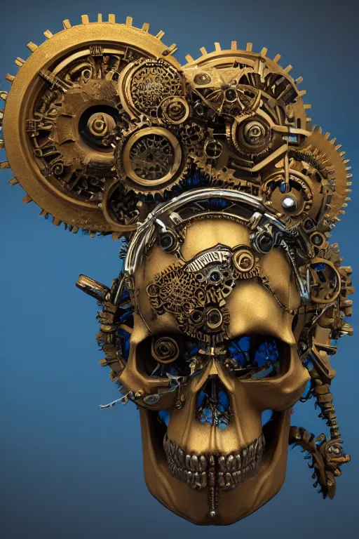 Prompt: conceptart 3 d render ultra detailed of a skull, intricate art deco and steam punk gears details inside, hyperrealistic, volumetric lighting, ultra detailed, elegant, octane render, blue and gold, 8 k, trending on artstation, unreal engine