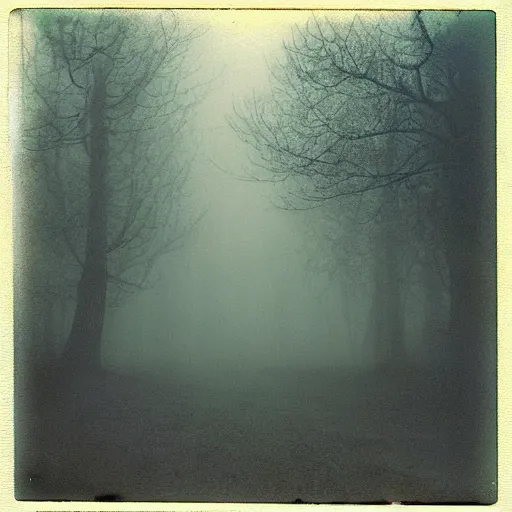 Image similar to the fog is thick shelter for ghosts, polaroid photography in style of andrey tarkovski, eerie, mystical, sublime