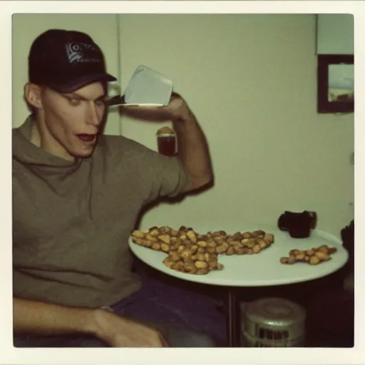 Prompt: polaroid of jerma 9 8 5 eating baked beans