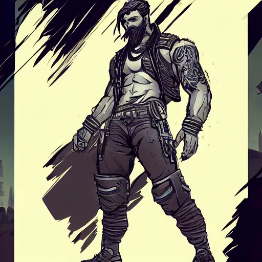 Image similar to concept art character, very high angle view, book cover, very attractive man with beard, walking in cyberpunk valley highly detailed full body, strong masculine features, sturdy body, command presence, royalty, smooth, sharp focus, organic, appealing, book cover, deep shadows, borderlands 3 style, extremely fine inking lines