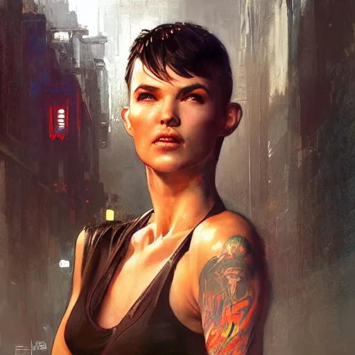 Image similar to ruby rose, hyperrealistic full figure, bladerunner street alley, art of elysium by frank frazetta and by jeremy mann and by alphonse mucha, fantasy art, photo realistic, dynamic lighting, artstation, full figure poster, volumetric lighting, very detailed face, 4 k, award winning