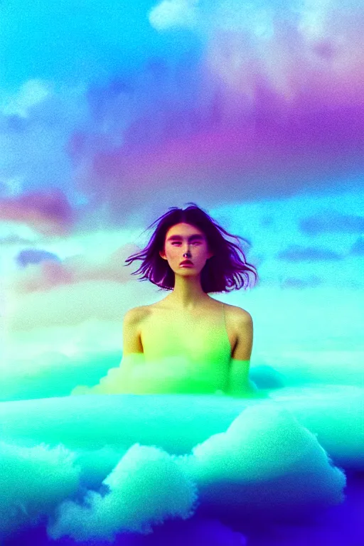 Image similar to high quality pastel coloured film close up wide angle photograph of a model wearing clothing swimming on cloud furniture in a icelandic black rock!! environment in a partially haze filled dreamstate world. three point light, rainbow. photographic production. art directed. pastel colours. volumetric clouds. pastel gradient overlay. waves glitch artefacts. extreme facial clarity. 8 k. filmic.