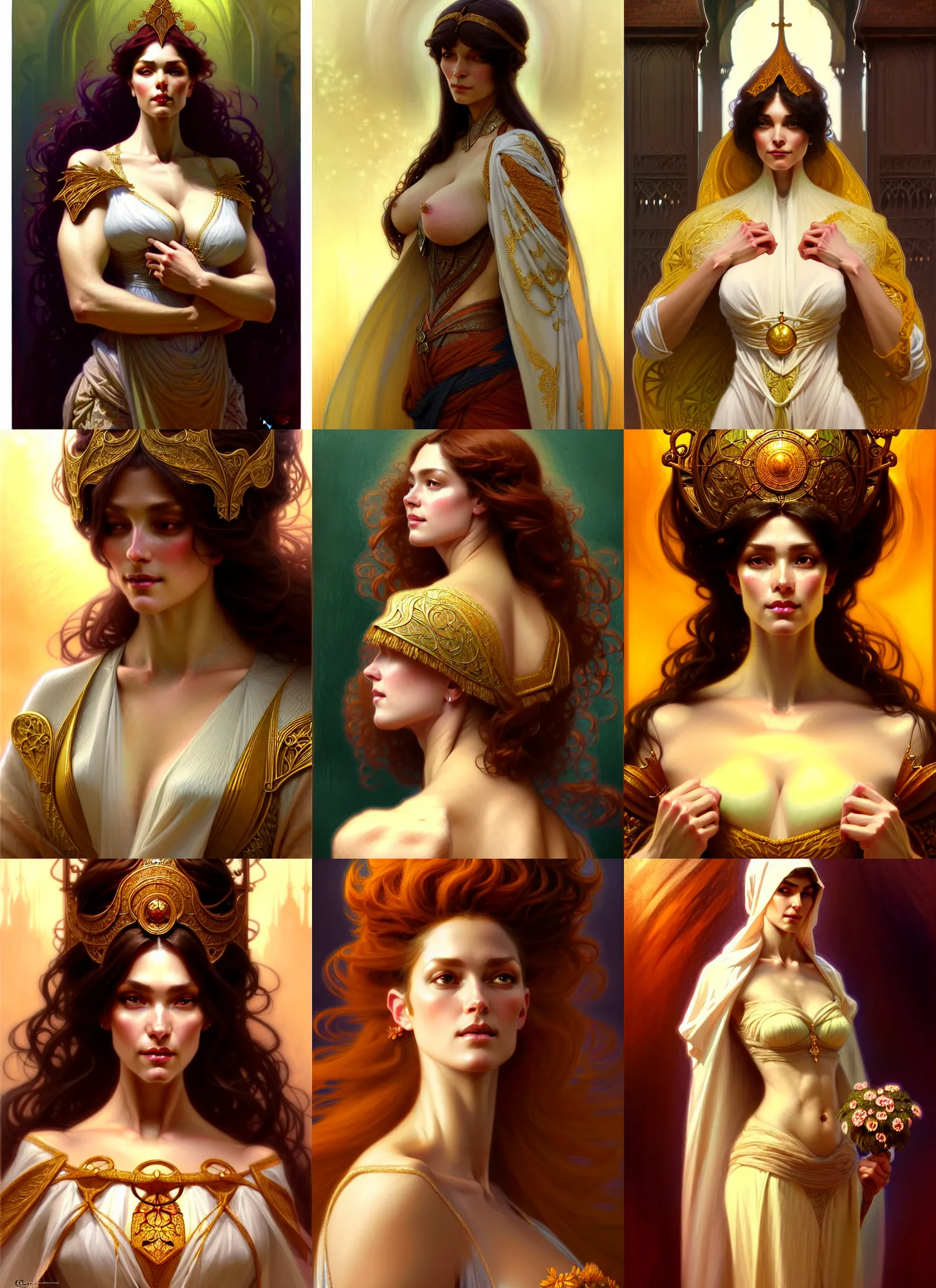 Image similar to character concept portrait of me as modest wife blessed by god to grow ever more intelligent beautiful voluminous muscular tall and virtuous. modestly clothed, intricate, elegant, highly detailed, digital painting, artstation, concept art, symmetry, smooth, sharp focus, illustration, art by gaston bussiere and alphone mucha