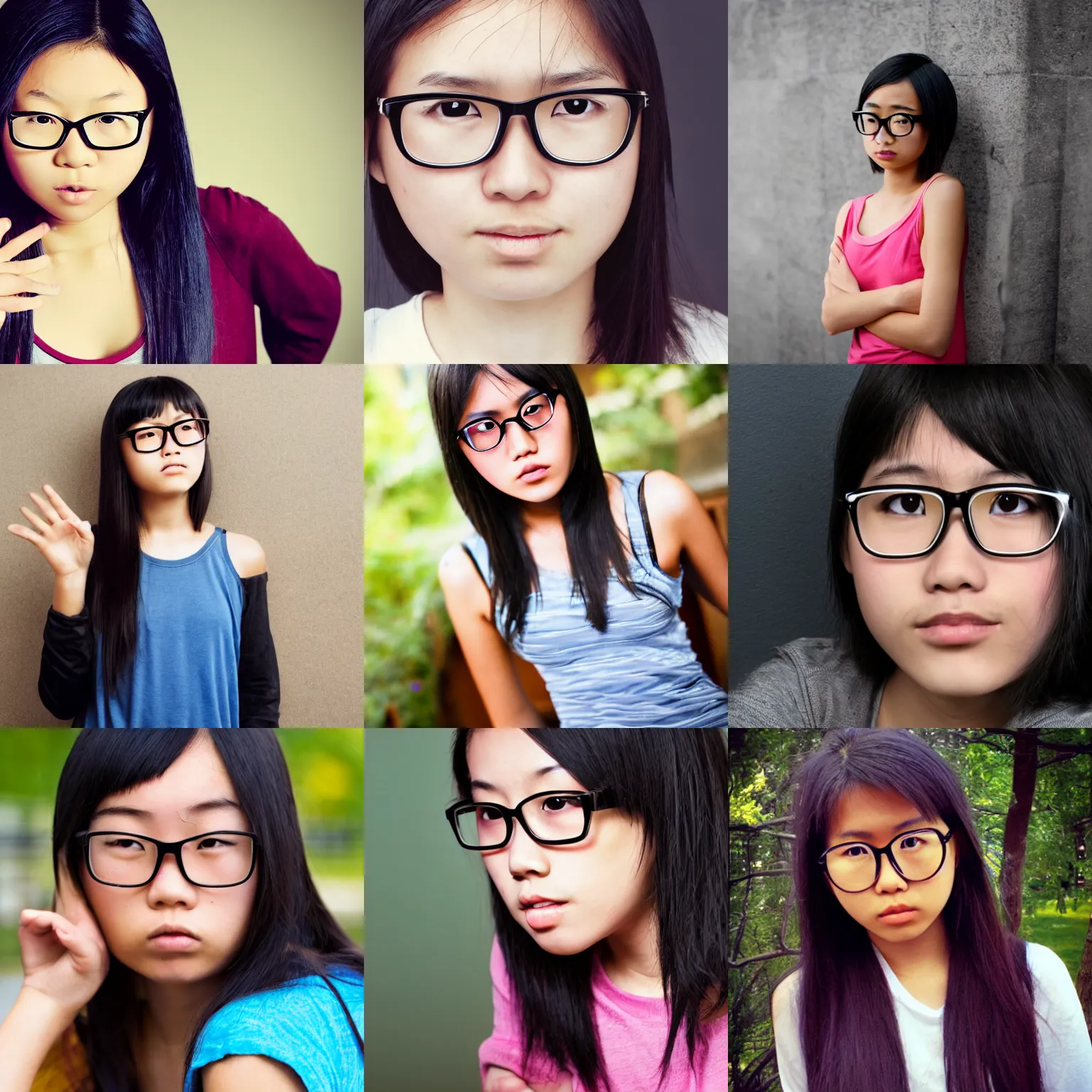 Prompt: cool rebellious teenager asian girl with glasses