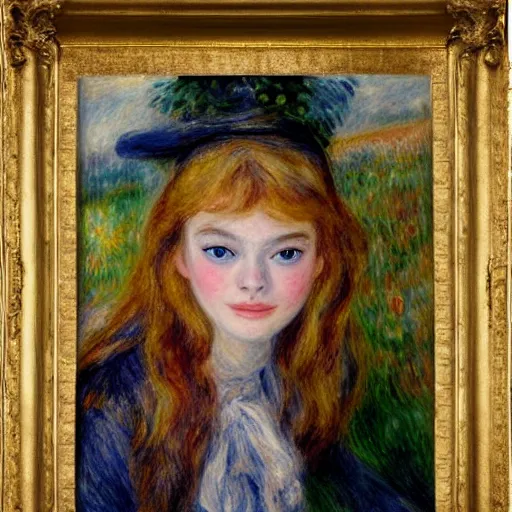 Prompt: A dream-like head and shoulders oil portrait of Elle Fanning, by Renoir. 8K. Extremely detailed.