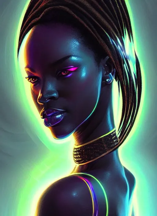 Image similar to portrait of african female humanoid, very intricate, elegant, cyber neon lights, highly detailed, digital illustration, trending in artstation, trending in pinterest, glamor pose, concept art, smooth, sharp focus, art by artgerm and greg rutkowski