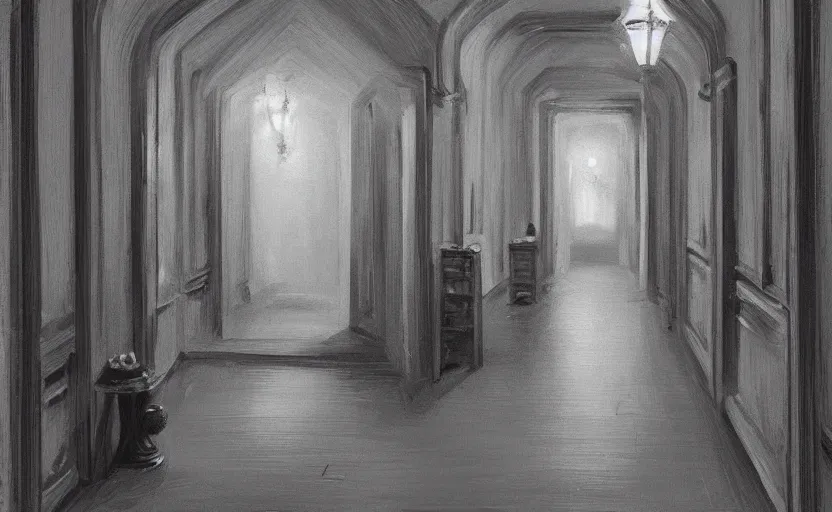 Prompt: very dark creepy victorian corridor with bookshelves everywhere and two candles, by Stefan Koidl. artstation, blue lighting.