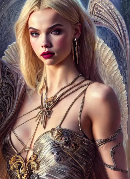 Image similar to ultra realistic illustration, a stunningly beautiful greek gothic goddess of chaos played by jordyn jones and dove cameron and margot robbie and taylor swift and megan fox and adriana lima, intricate, elegant, highly detailed, digital painting, artstation, concept art, smooth, sharp focus, illustration, art by artgerm and greg rutkowski and alphonse mucha