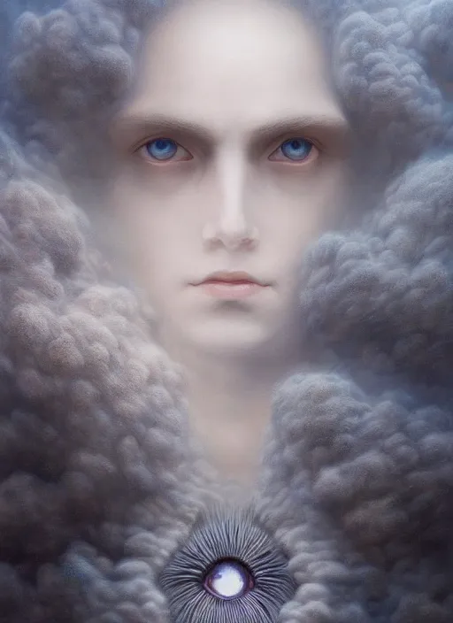 Image similar to Her huge ominous glowing blue eyes staring into my soul , perfect eyes, soft pale white skin, agostino arrivabene, Tomasz strzalkowski, twisted dark lucid dream, 8k portrait render, raven angel wings, swirling thick smoke , beautiful lighting, dark fantasy art, rococo, cgsociety