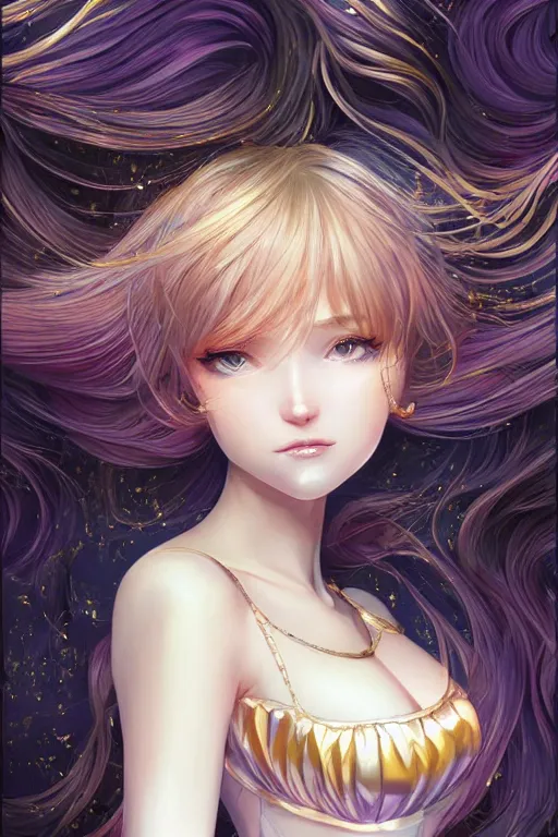 Image similar to intricate, richly detailed colored 3 d illustration of a beautiful ornated cute woman with long metallic gem hair background with completely rendered reflections, art by range murata and artgerm highly detailed, digital painting, trending on artstation