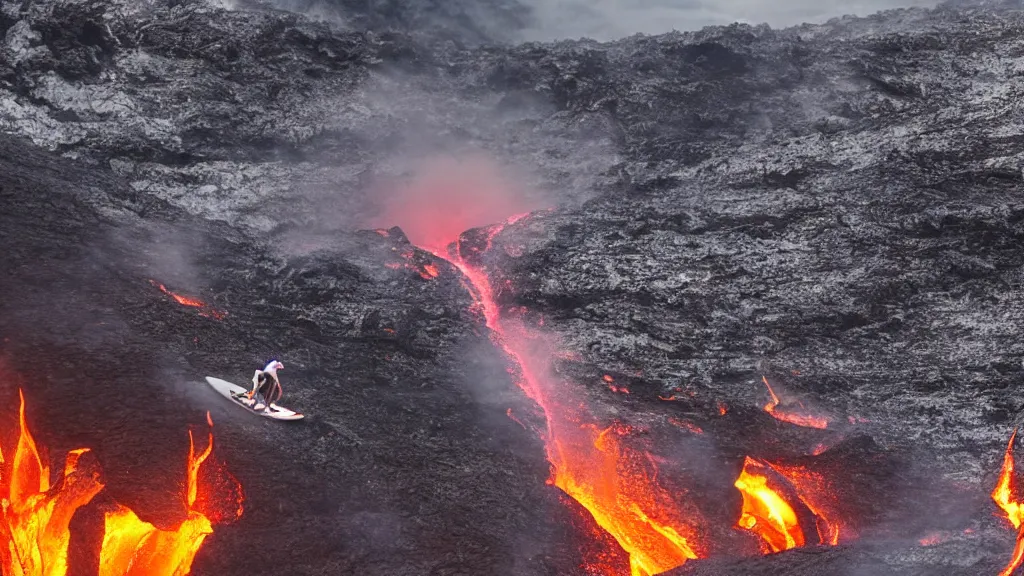 Image similar to person wearing a sponsored team jersey with logos surfing down a river of lava on the side of a volcano on surfboard, action shot, dystopian, thick black smoke and fire, sharp focus