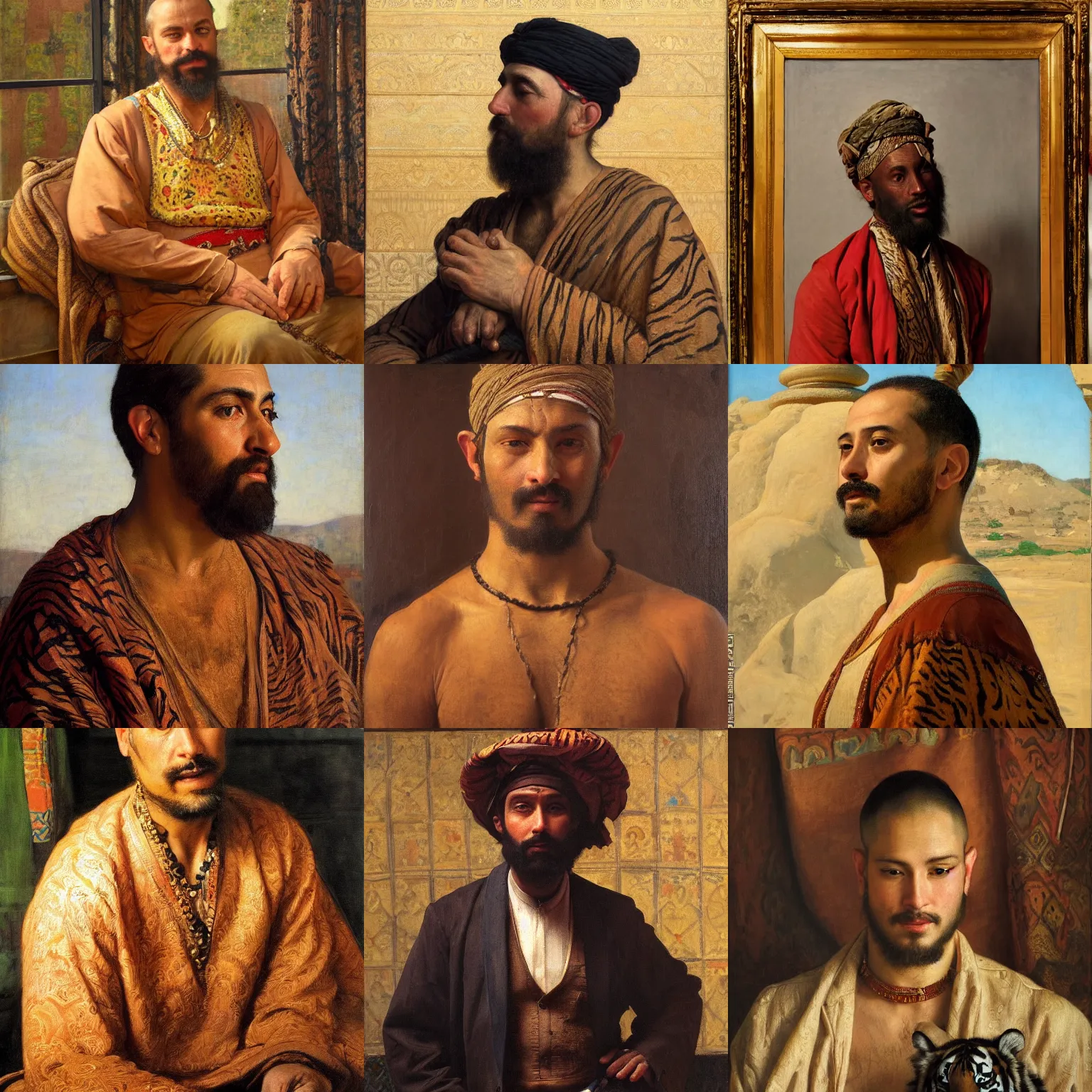 Prompt: orientalism portrait of a man with the head of a tiger by Edwin Longsden Long and Theodore Ralli and Nasreddine Dinet and Adam Styka, masterful intricate artwork. Oil on canvas, excellent lighting, high detail 8k