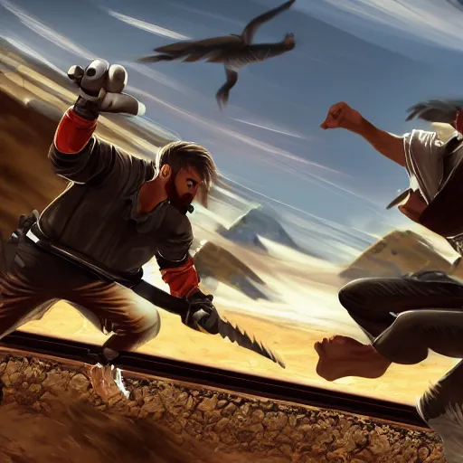 Image similar to a triumphant fight! a video game fight in the desert on top of train cars. trending on art station, 8 k resolution.