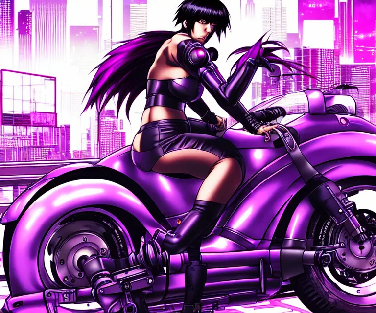 Image similar to motoko kusanagi riding a cyberpunk vehicle in a grungy cyberpunk megacity, bosozoku gang war, cyberpunk vaporwave, by phil jimenez, artgerm, sola digital arts, anti aliasing, raytracing