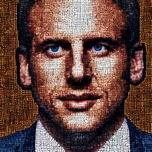 Image similar to portrait mosaic of Emmanuel macron as a robot, 4k, intricate details, digital, sun in the background