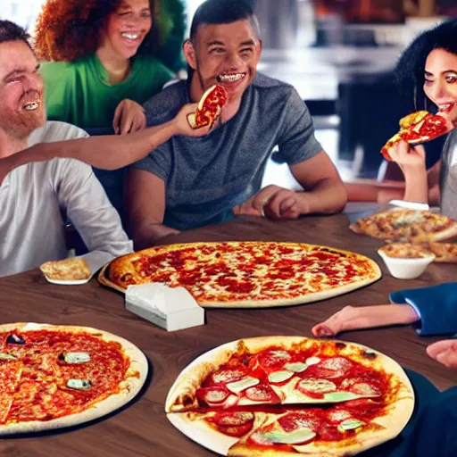 Image similar to people enjoying a pizza in the year 2450, 8k ultra hd, hyper detailed