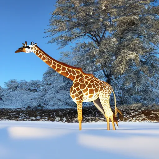 Image similar to a giraffe inhales a pile of snow into hit nostril, island background, photorealistic, 4 k