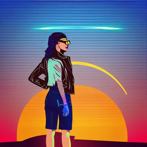 Prompt: a woman with light blue shutter shades in front of a sunset, a dark brown leather jacket, one side brown haircut with blue tips on the end, vector art by jan tengnagel, pixabay contest winner, retrofuturism, retrowave, synthwave, outrun, portrait, synthwave