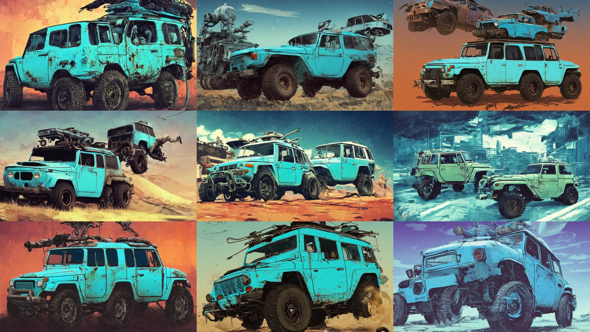 Image similar to digital illustration of a futuristic faded cyan mad max's fj 4 0 decrepit!!!! pursuit special, rusty!!! cyberpunk nissan fj cruiser heavily modded 1 9 9 0 s, the last v 8 interceptor by makoto shinkai, ilya kuvshinov, lois van baarle, rossdraws, basquiat