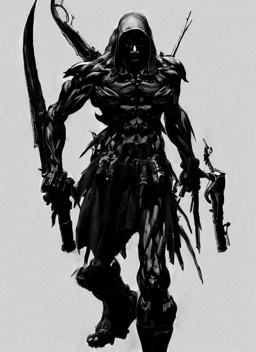 Image similar to Grim Reaper, god of rot. In style of Yoji Shinkawa and Hyung-tae Kim, trending on ArtStation, dark fantasy, great composition, concept art, highly detailed, dynamic pose.