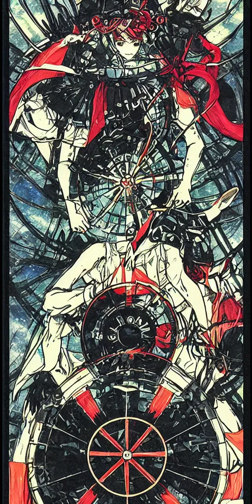 Image similar to Wheel of Fortune tarot card by Koyoharu Gotouge. clean, sharp lines,