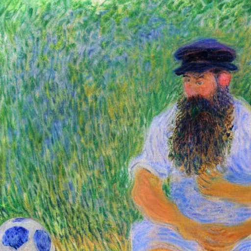 Image similar to monet painting of a bearded man with shaved head puking on a soccer ball, highly detailed, realistic,