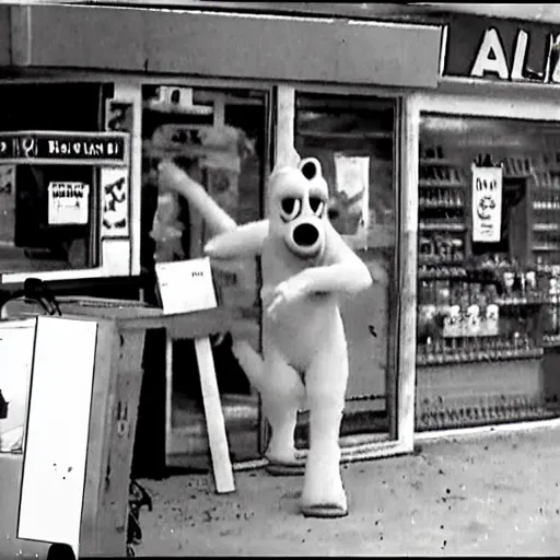 Prompt: cctv footage of alf the alien robbing a liquor store