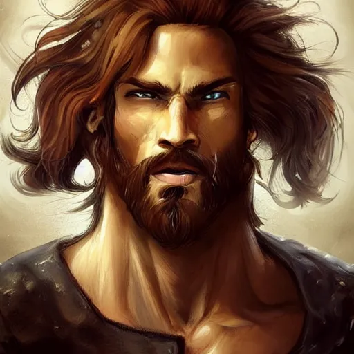 Image similar to portrait of a ruggedly handsome!!!!! male ship captain with long red hair!!!!!!, 30 years old, upper body, wavey hair, muscular, friendly, playful, D&D, hairworks, Unreal 4, fantasy, elegant, highly detailed, digital painting, hairworks, deviantart, artstation, concept art, sharp focus, dramatic lighting, illustration, art by Artgerm and Greg Rutkowski and Alphonse Mucha