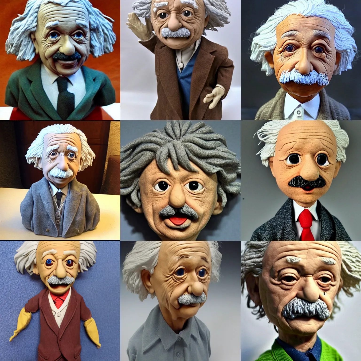 Prompt: real albert einstein!!! clay! close detailed sculpted head , style: claymation puppet kids clay , by guldies