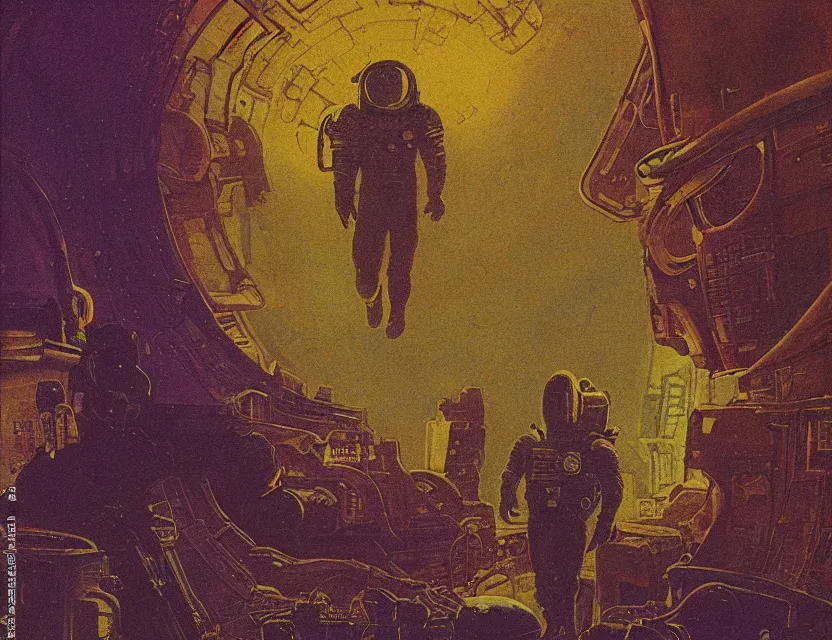 Prompt: a silhouette of an astronaut in a baroque neoclassicist halls overgrown with colorful otherworldly technology. close - up view, detailed textures. glowing purple fog, dark black background. highly detailed fantasy science fiction painting by moebius, norman rockwell, frank frazetta, and syd mead. rich colors, high contrast