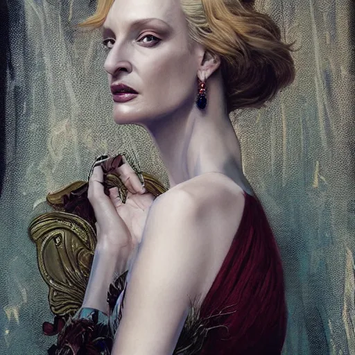 Image similar to Uma Thurman wearing epic haute couture by Alexander McQueen, extremely beautiful and proportionate face, in the aesthetic of mert and marcus, masterpiece, intricate, elegant wardrobe, highly detailed, digital painting, artstation, concept art, smooth, sharp focus, illustration, art by artgerm and james jean and greg rutkowski and alphonse mucha