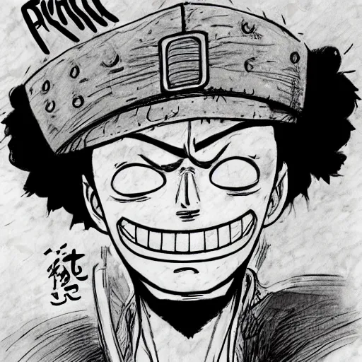 Prompt: [ luffy mustache ] ( by kim jung gi ) ( by george morikawa ) ( by eiichiro oda )